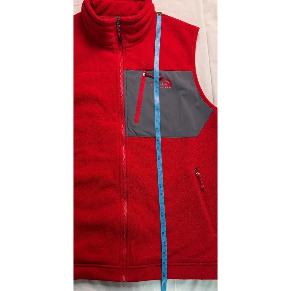 The North Face Mens Red Full Zip chimborazo Fleece Vest Grey Trim Large